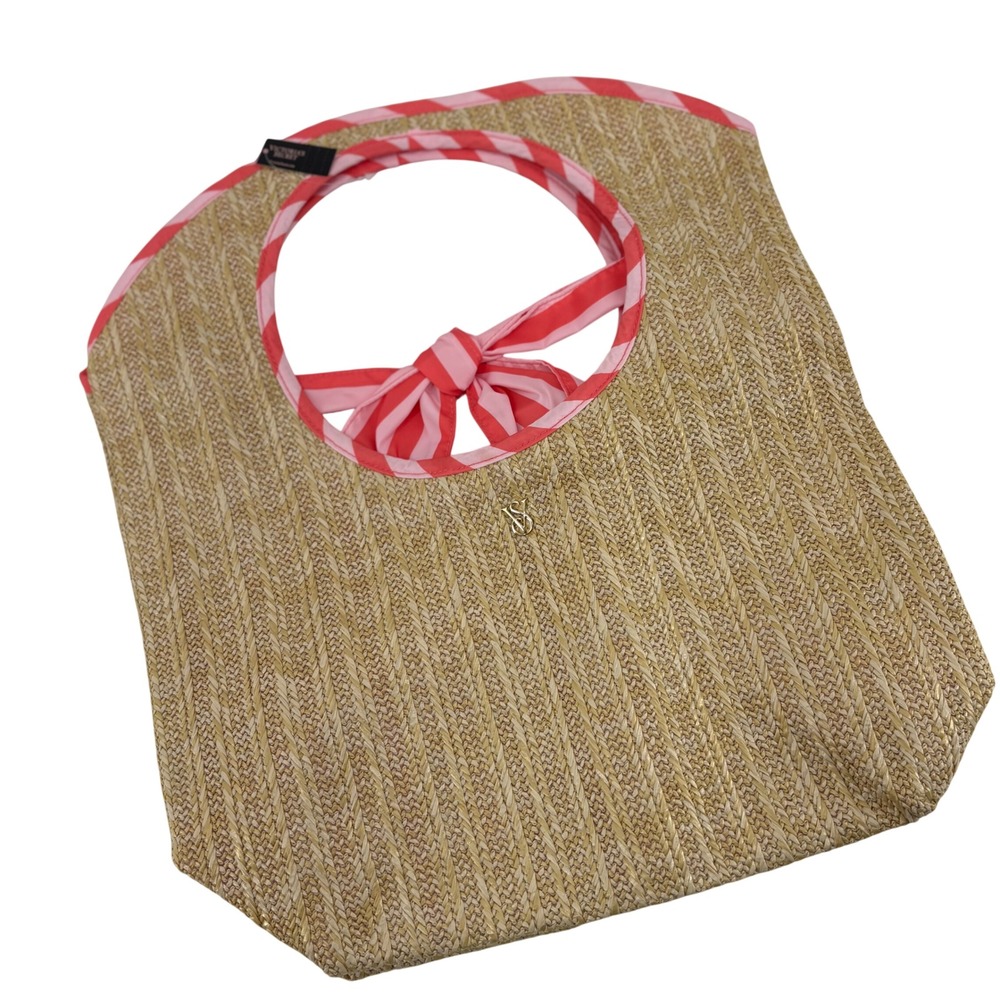 Victoria Secret Straw Tote Bag OS Tan Pink‎ Striped Bow Accent Beach Bag NWT